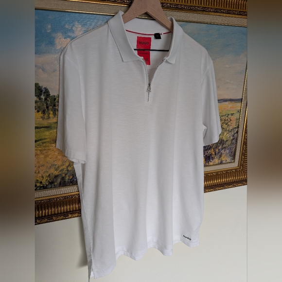HUGO White Short-Sleeve Zip Polo - Picture 2 of 7